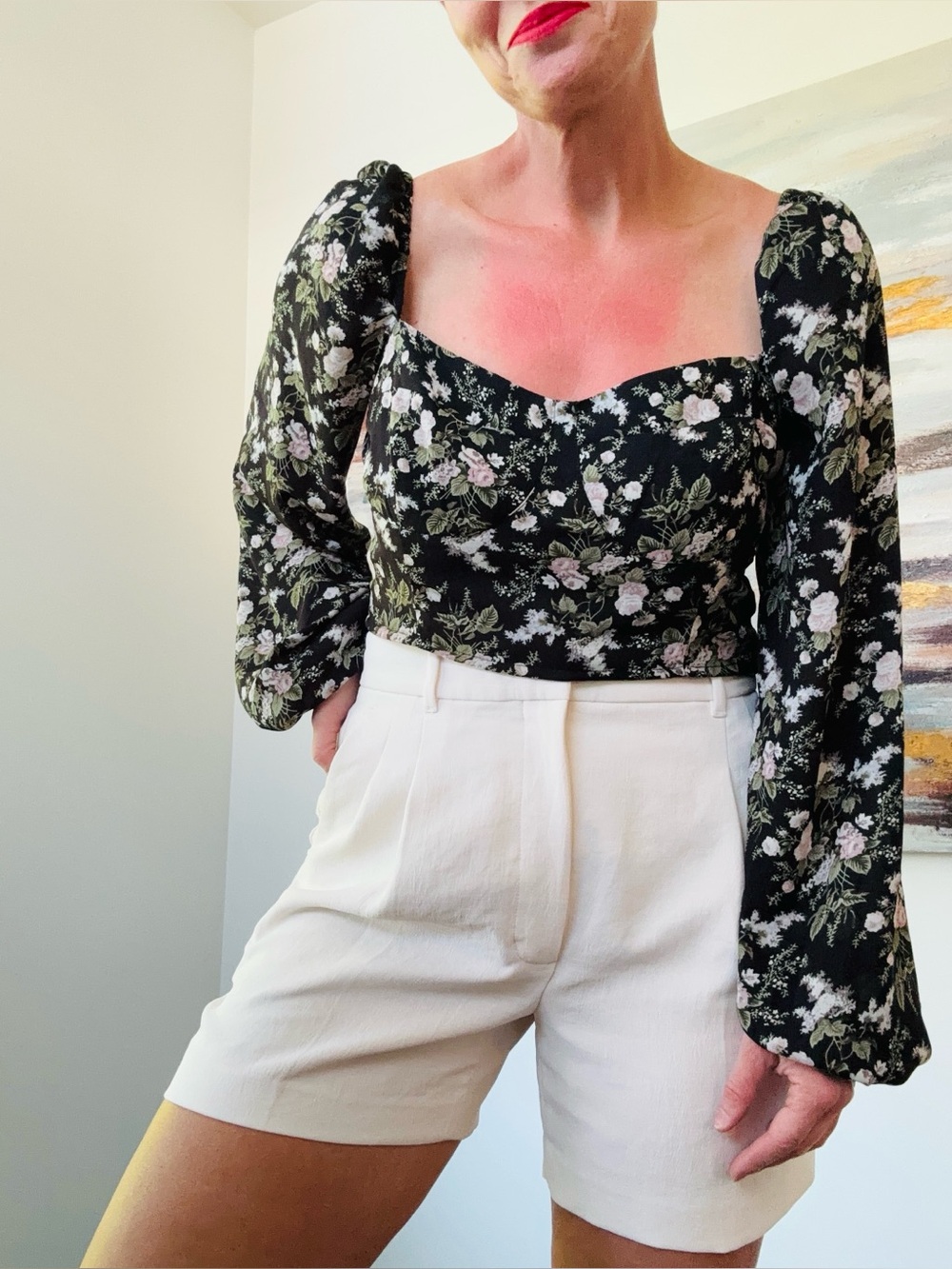OAK + FORT Floral Puff Sleeve Top Bustier Bodice Black Floral NWOT Size Large